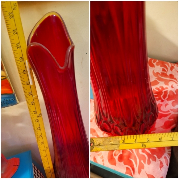 Vintage MCM 22" H RED L E SMITH SWUNG GLASS VASE yellow anberina base & top - Picture 4 of 6